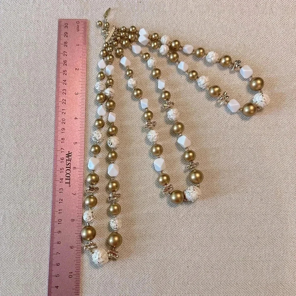 Vintage Signed Japan Gold & White Beaded Statement Necklace Multi-Strand Layered - Picture 8 of 11